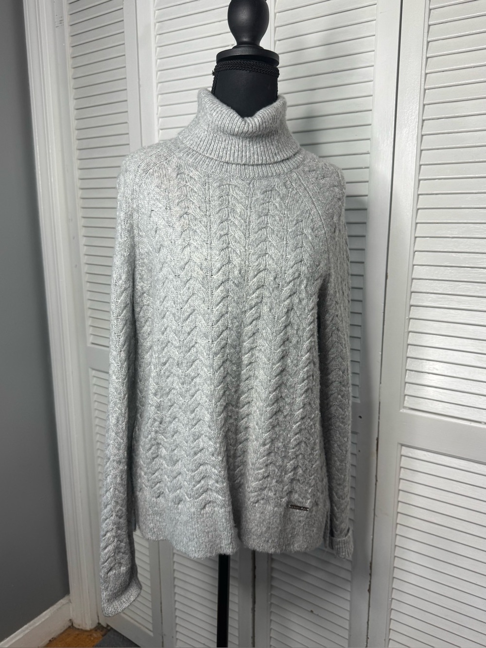 Michael Kors Cozy Chunky Heather Chevron Gray Cable Turtleneck Sweater Medium